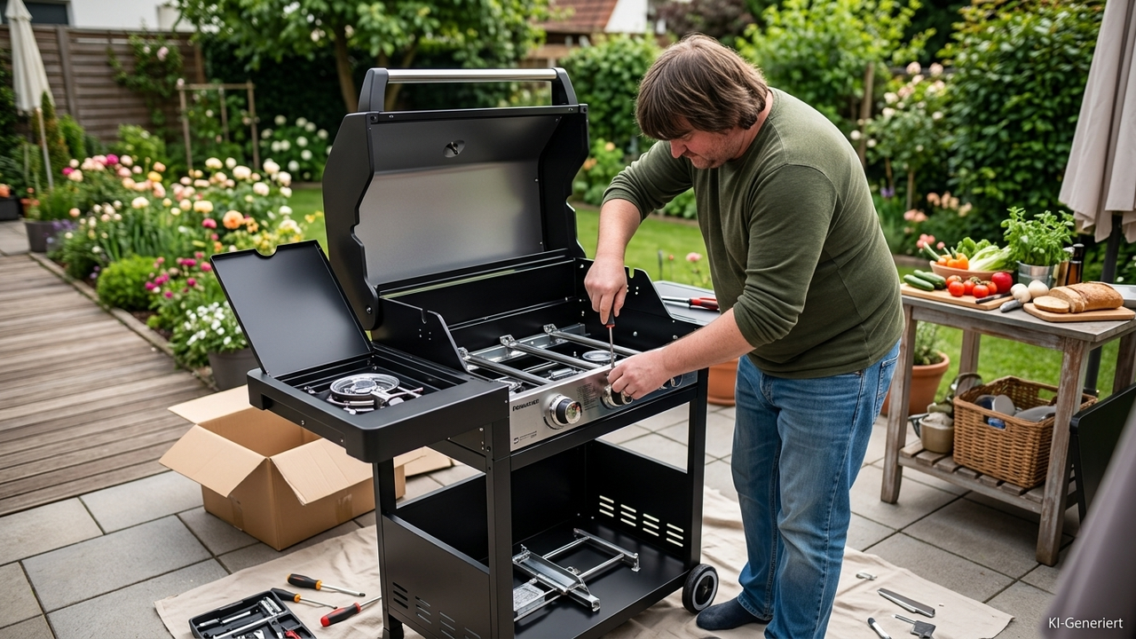 KI-generierte Szene beim Aufbau eines Gasgrills im Garten