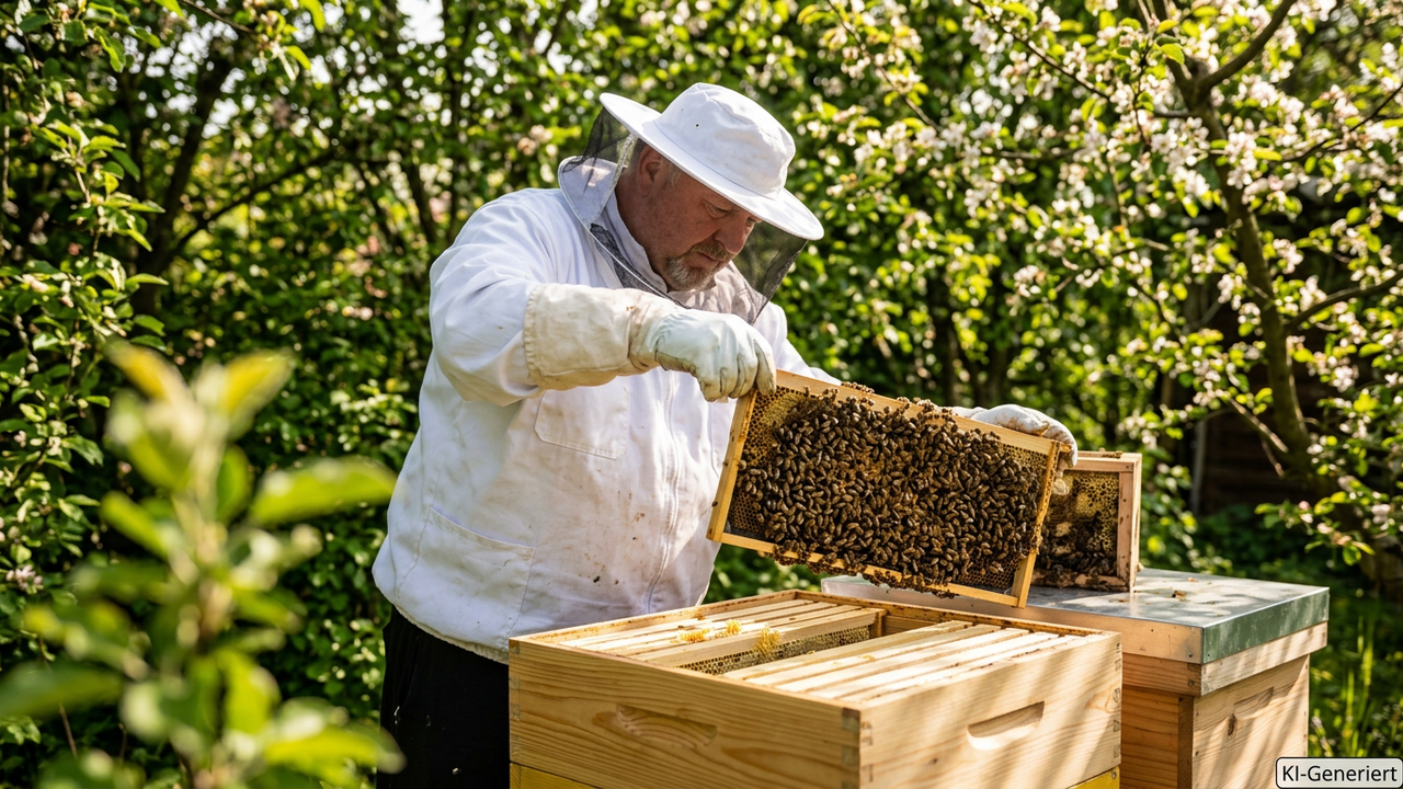 KI-generierte Szene mit Bienen in ihrer neuen Beute