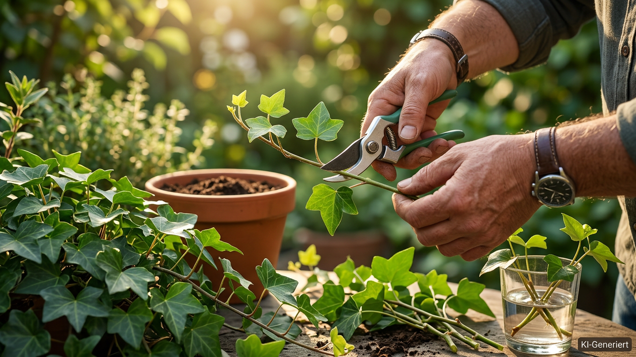 KI-generierte Gartenszene mit Efeu-Stecklingen